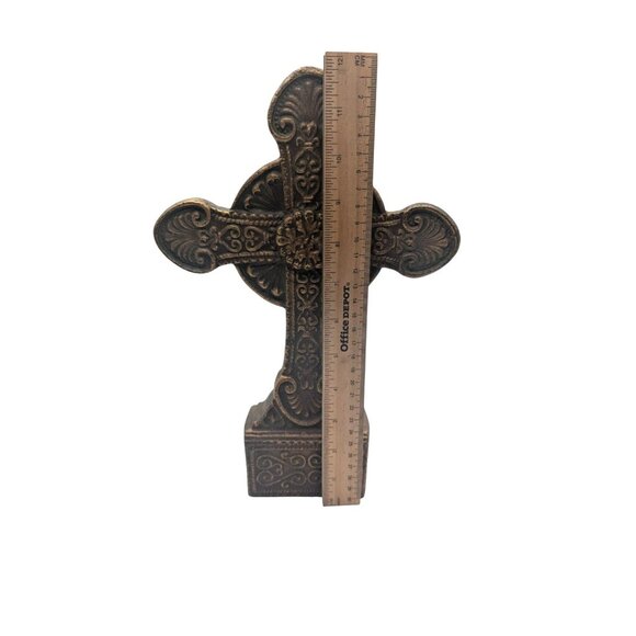 Antique-Style Decorative Cross Tabletop Ornate Resin Bronze Finish 12" Tall - Picture 5 of 12